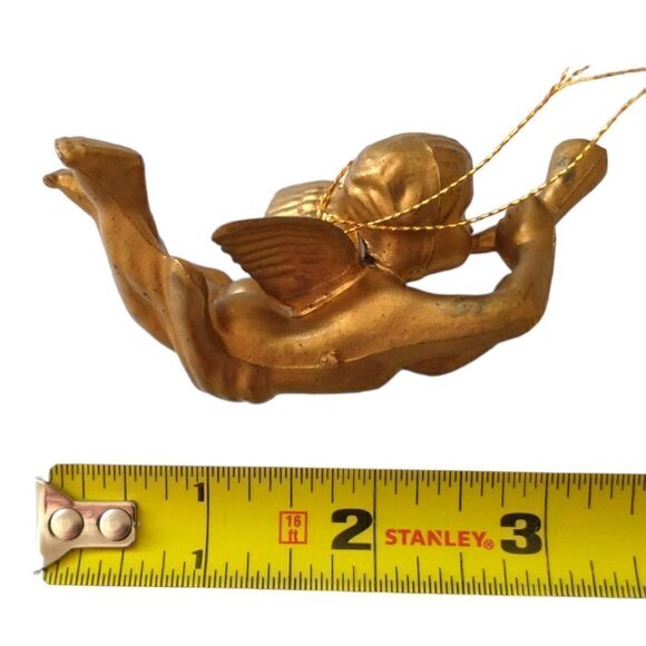 Cherub Angel Christmas Ornament Gold Plastic Vtg 70s WF Winged Trumpet Hong Kong - Picture 2 of 15